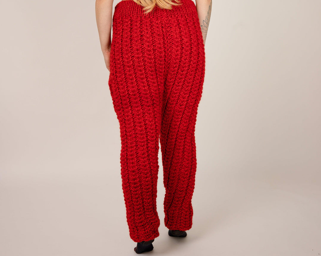 Red Wool Knit Pants, Hand Knitted 100% Wool Joggers for Women T1072