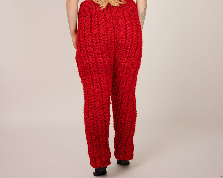 Red Wool Knit Pants, Hand Knitted 100% Wool Joggers for Women T1072