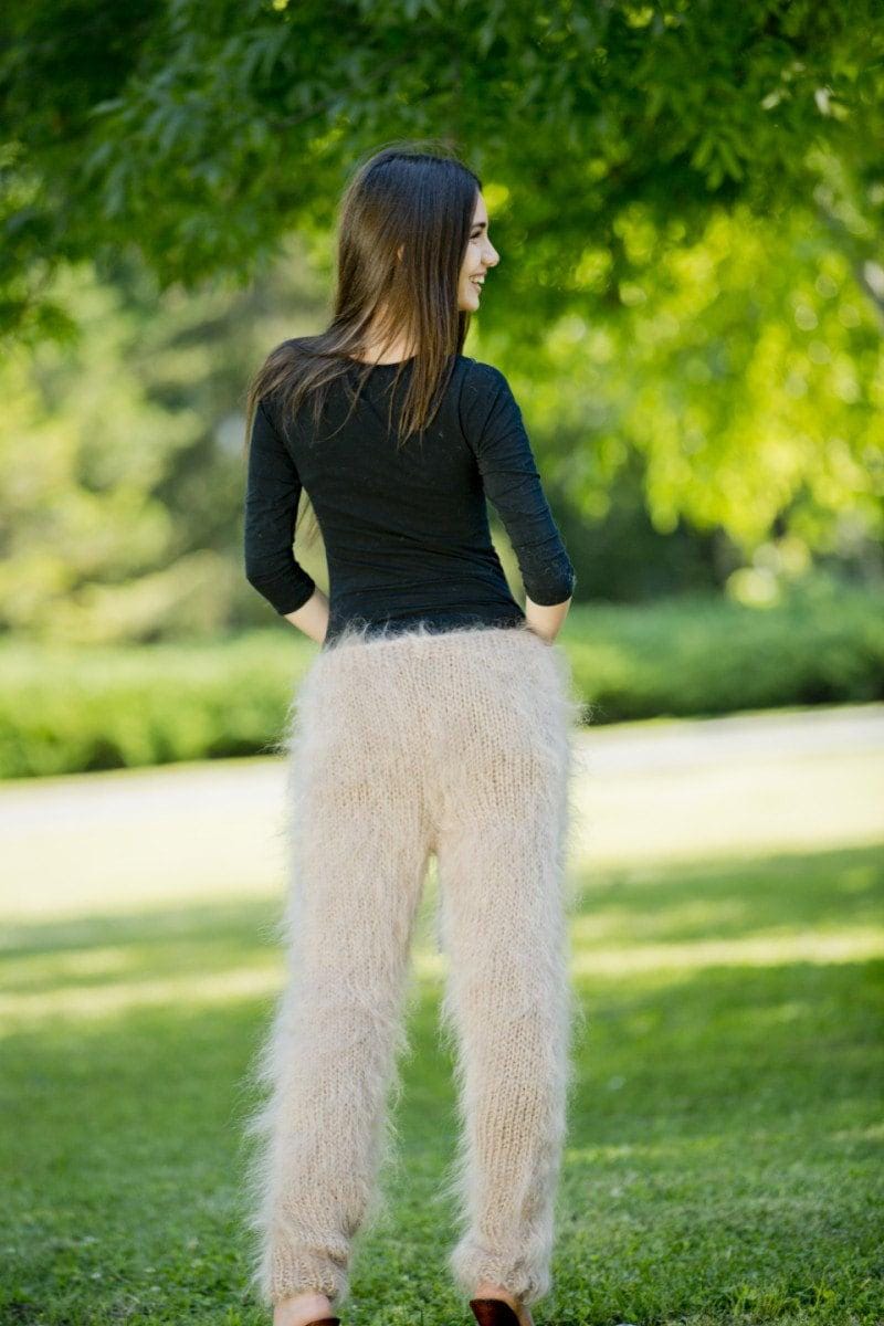 Hand Knitted Beige Mohair Fuzzy Pants, Fluffy Trousers T88
