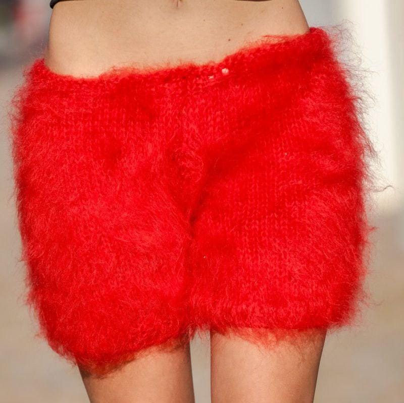 Red Mohair Knit Shorts – Hand Knitted Fluffy Boxers, Soft Fuzzy Underwear T409