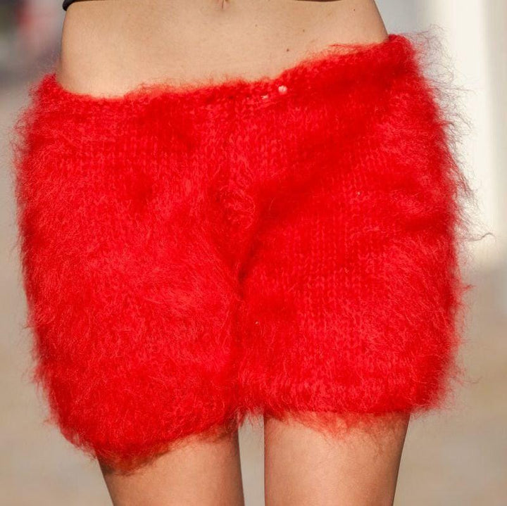 Red Mohair Knit Shorts – Hand Knitted Fluffy Boxers, Soft Fuzzy Underwear T409