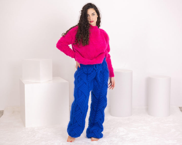 Thick Mohair Knit Pants, Hand Knitted Fluffy Warm Mohair Trousers T1552