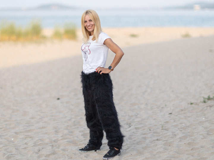 Black Mohair Knit Pants, Hand Knitted Fluffy Soft Mohair Trousers T1090
