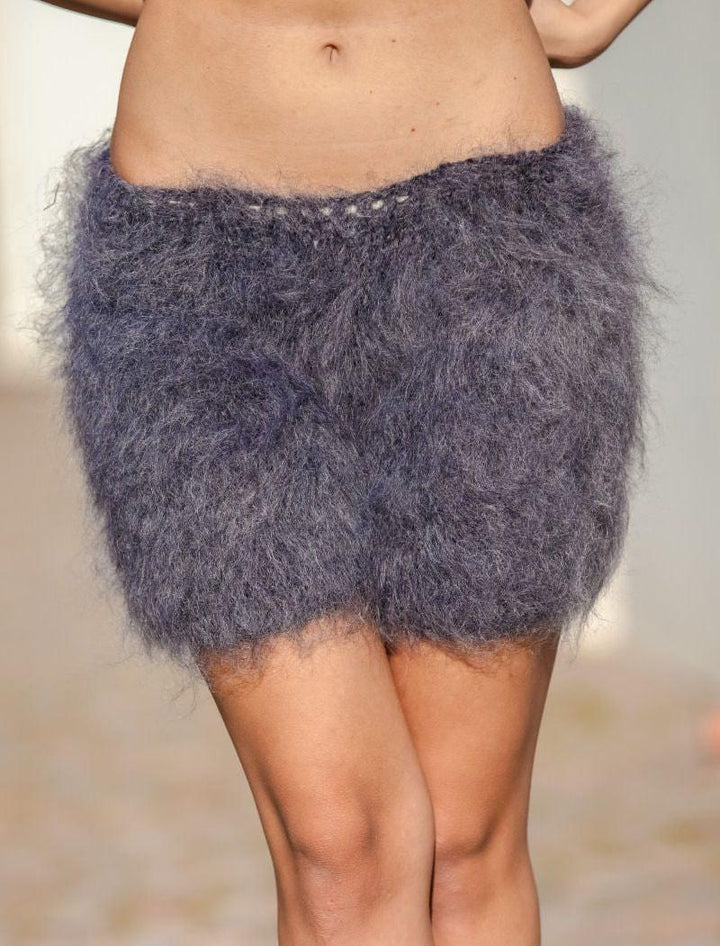 Gray Mohair Knit Shorts – Hand Knitted Fluffy Boxers, Soft Fuzzy Lounge Pants T403