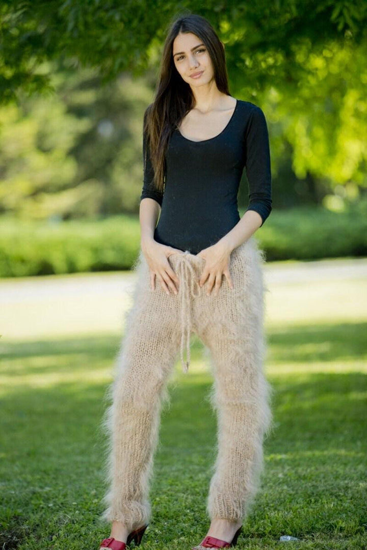 Hand Knitted Beige Mohair Fuzzy Pants, Fluffy Trousers T88