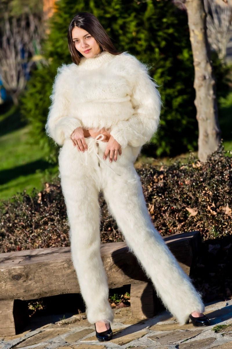 Ivory Mohair Knit Pants, Hand Knitted Fluffy Fuzzy Thick Mohair Trousers T231
