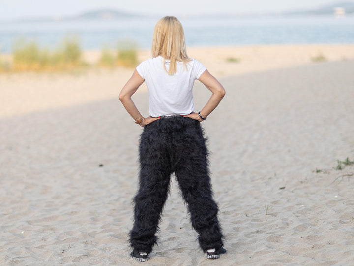 Black Mohair Knit Pants, Hand Knitted Fluffy Soft Mohair Trousers T1090