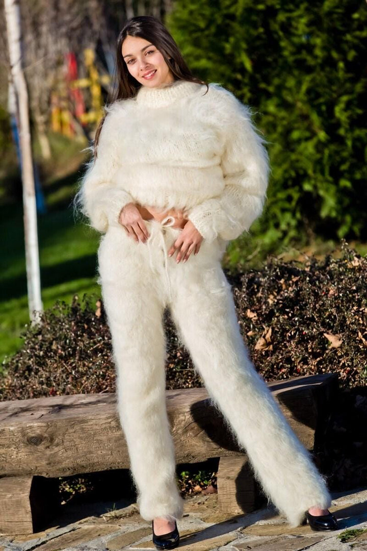 Ivory Mohair Knit Pants, Hand Knitted Fluffy Fuzzy Thick Mohair Trousers T231