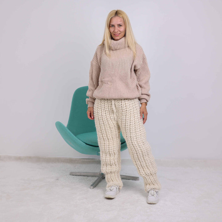 Hand Knitted Alpaca and Wool Rib Pants, Cozy  Lounge Trousers T1872