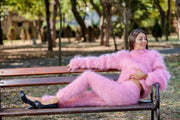 Pinke Mohair-Strickhose, handgestrickt, flauschig, dick, Mohair-Hose T359