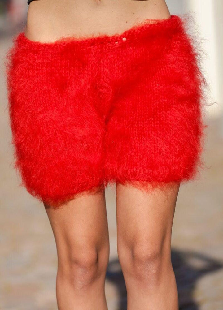 Red Mohair Knit Shorts – Hand Knitted Fluffy Boxers, Soft Fuzzy Underwear T409