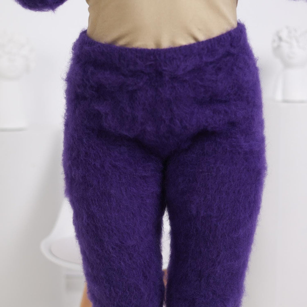 Dark Purple Mohair Pants – Hand Knitted Fluffy Wool Trousers T1815