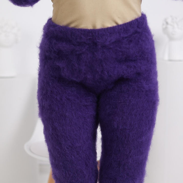 Dark Purple Mohair Pants – Hand Knitted Fluffy Wool Trousers T1815