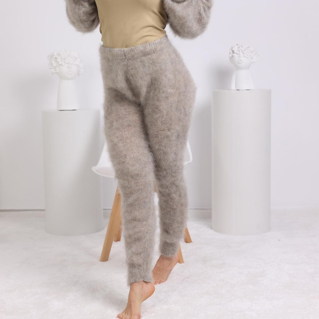 Beige Mohair Pants – Hand Knitted Soft Fuzzy Wool Trousers T1812