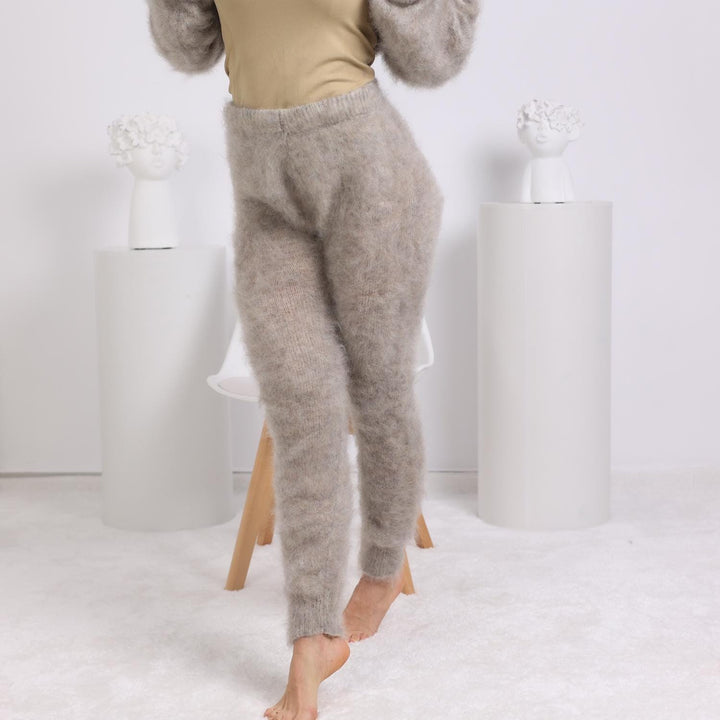 Beige Mohair Pants – Hand Knitted Soft Fuzzy Wool Trousers T1812