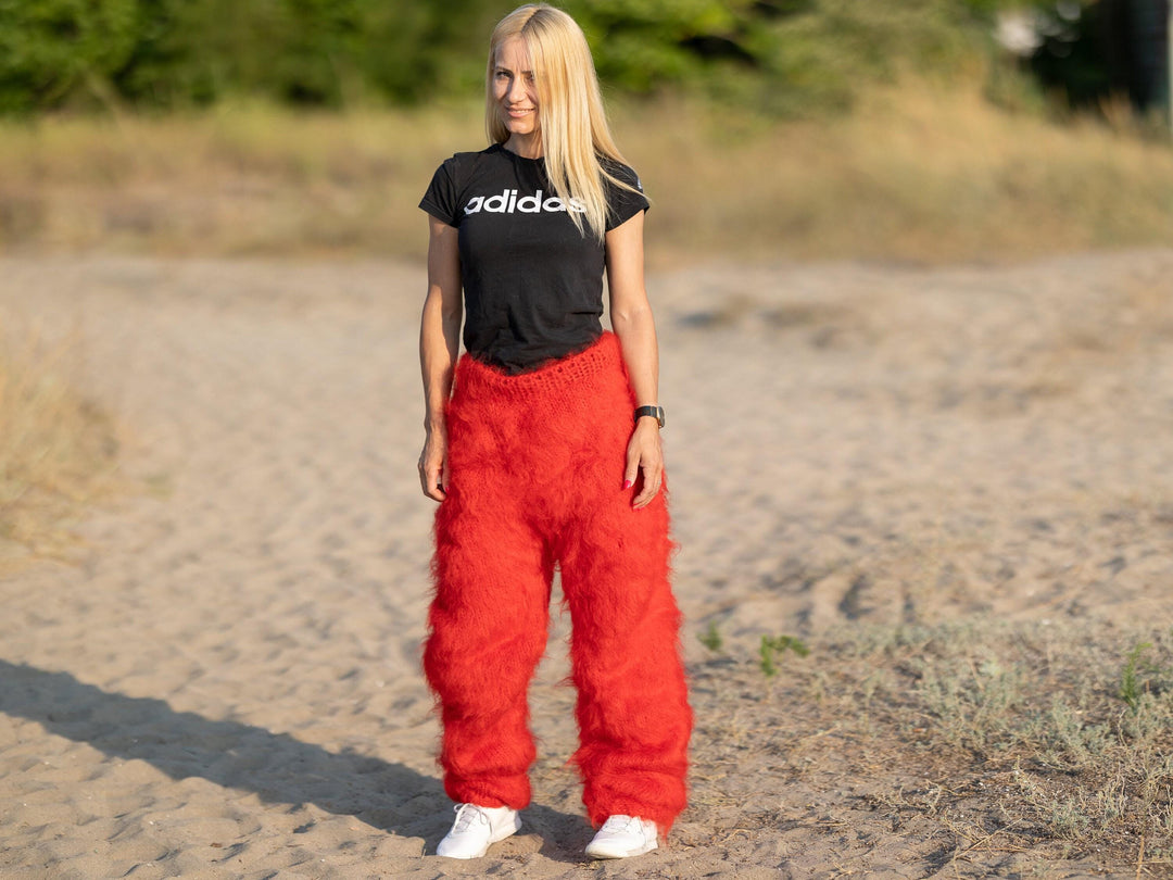 Red Mohair Knit Pants, Hand Knitted Fluffy Soft Trousers T1233