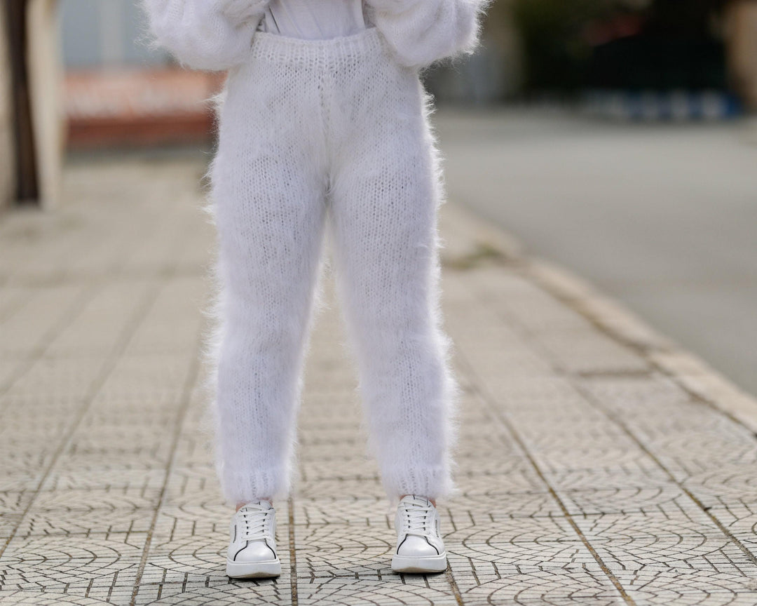 White Mohair Knit Pants, Hand Knitted Fluffy Soft Trousers T1404
