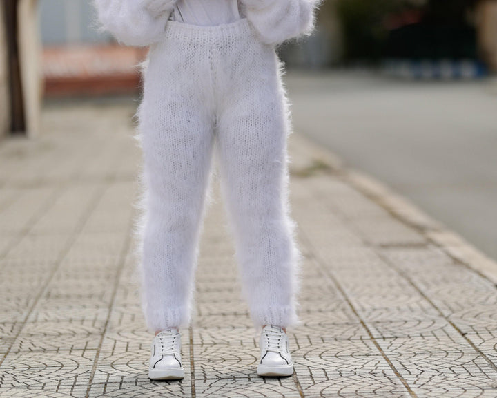 White Mohair Knit Pants, Hand Knitted Fluffy Soft Trousers T1404