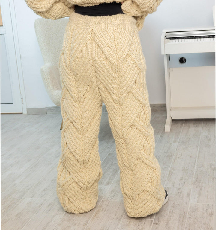 Chunky Wool Knit Pants, Hand Knitted 100% Wool Joggers for Women T1531