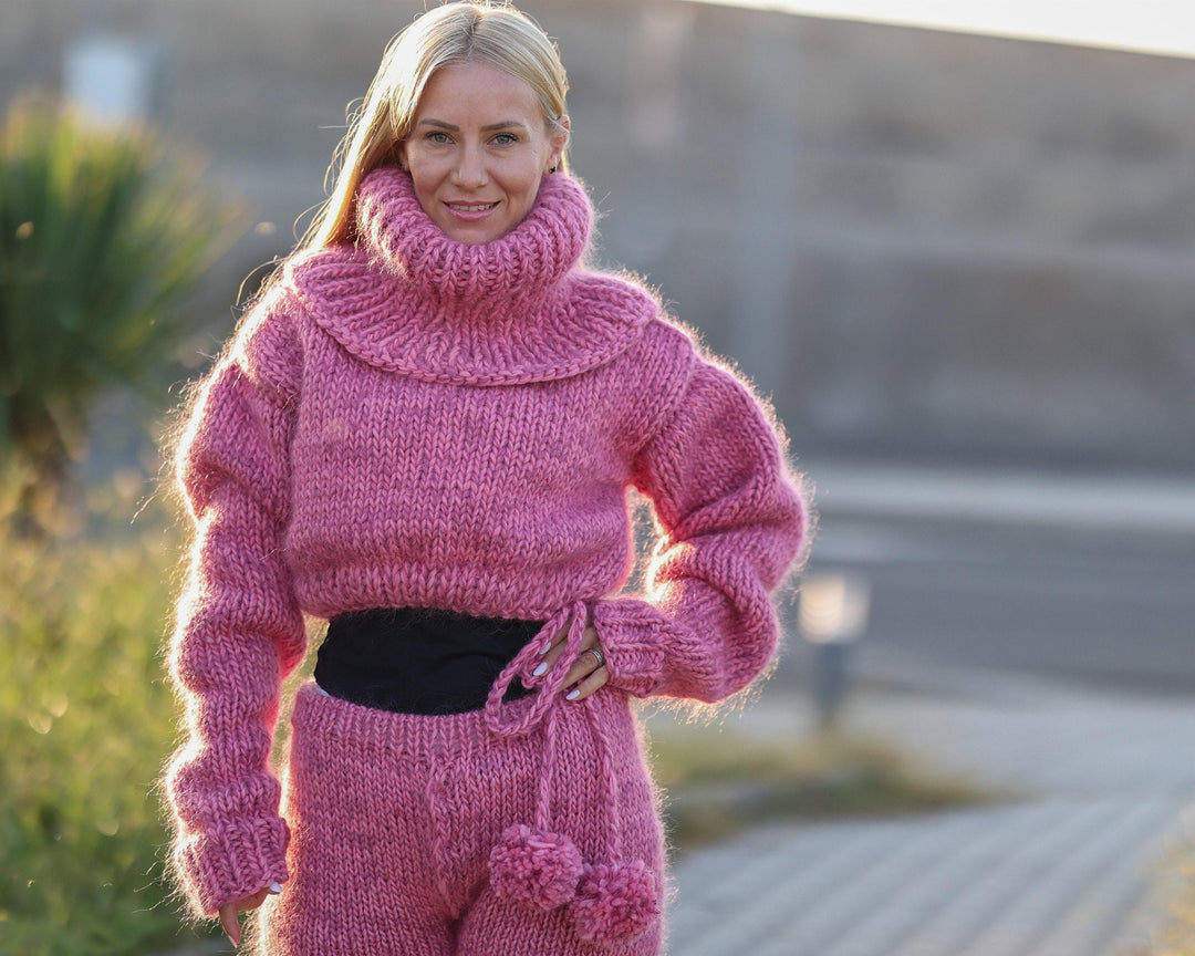 Cropped Pink Mohair Wool Sweater with Wide Neck, Hand Knitted Short Pullover T1483