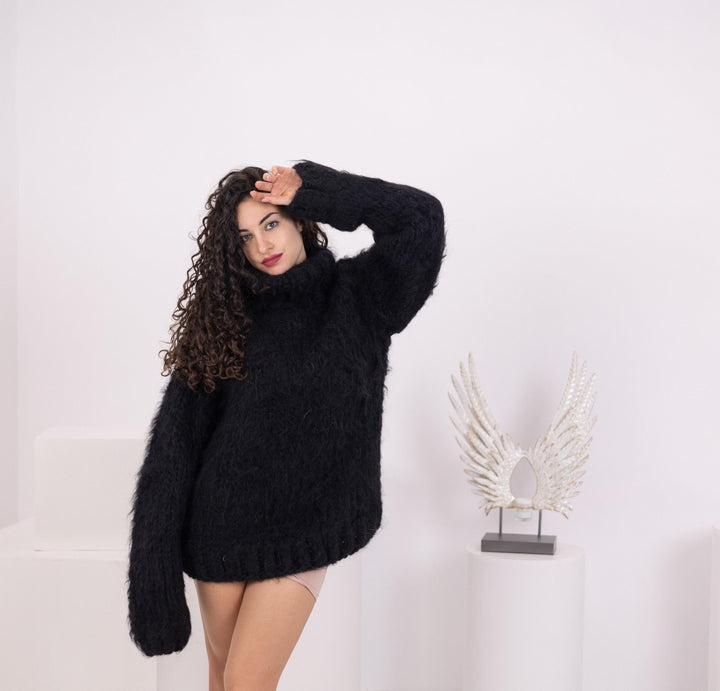 Black Mohair Wool Sweater, Hand Knitted 6-Strand Chunky Oversized Pullover T1548