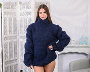 Pull bleu marine en mohair et laine, tricoté main 6 brins T789W