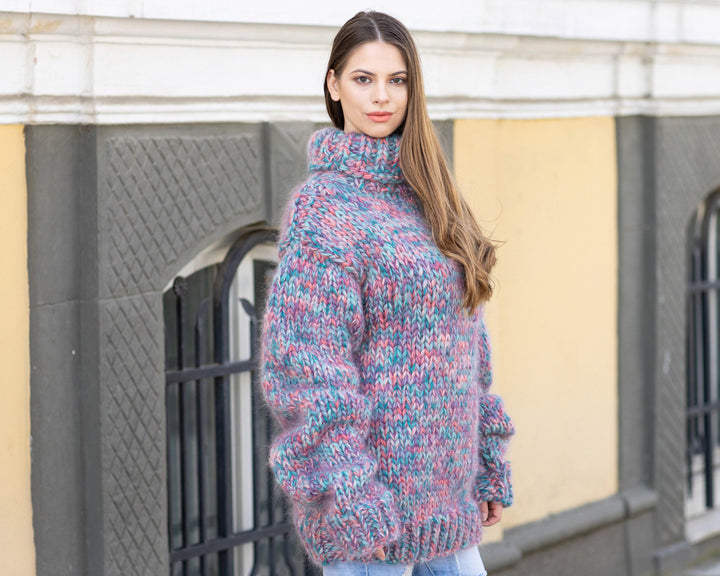 Blue Mohair Wool Sweater, Hand Knitted Thick Turtleneck Pullover T673M