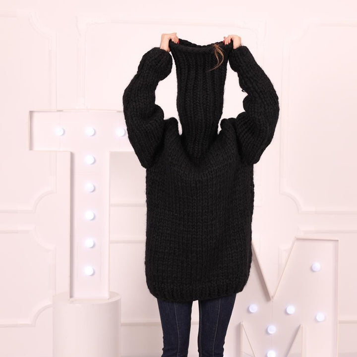 Black Mohair Wool Sweater with 55 cm Turtleneck, Hand Knitted 8-Strand Pullover T2026