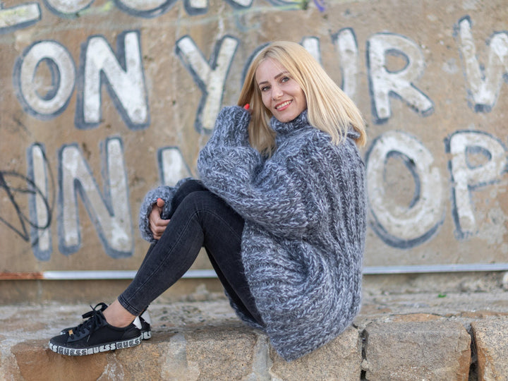 Gray Mohair Wool Ribbed Sweater, Hand Knitted Oversized Chunky Pullover T1081