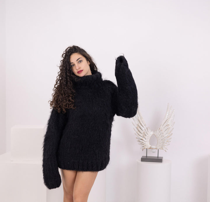 Black Mohair Wool Sweater, Hand Knitted 6-Strand Chunky Oversized Pullover T1548