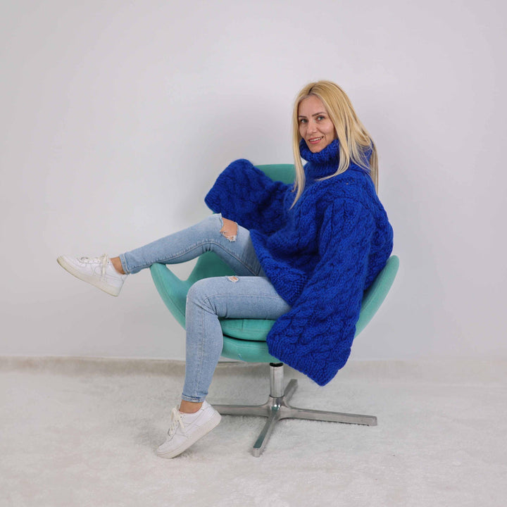 Blue Mohair Wool Sweater, Hand Knitted Cable Pullover with Wide Sleeves T1882