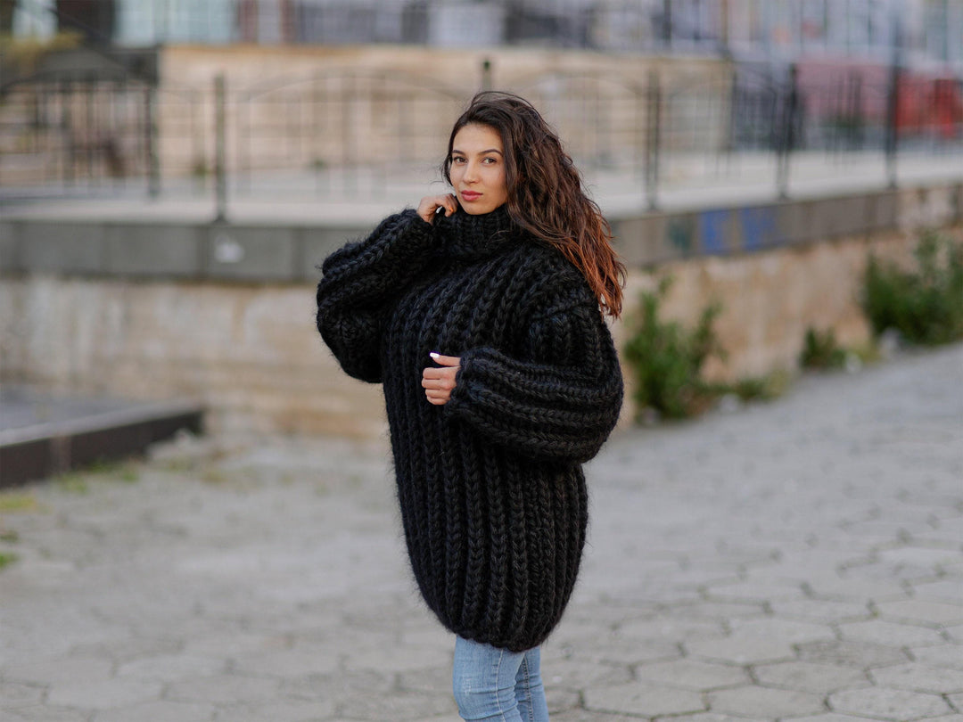 Chunky Black Mohair Wool Sweater, Hand Knitted 8-Strand Pullover T1058