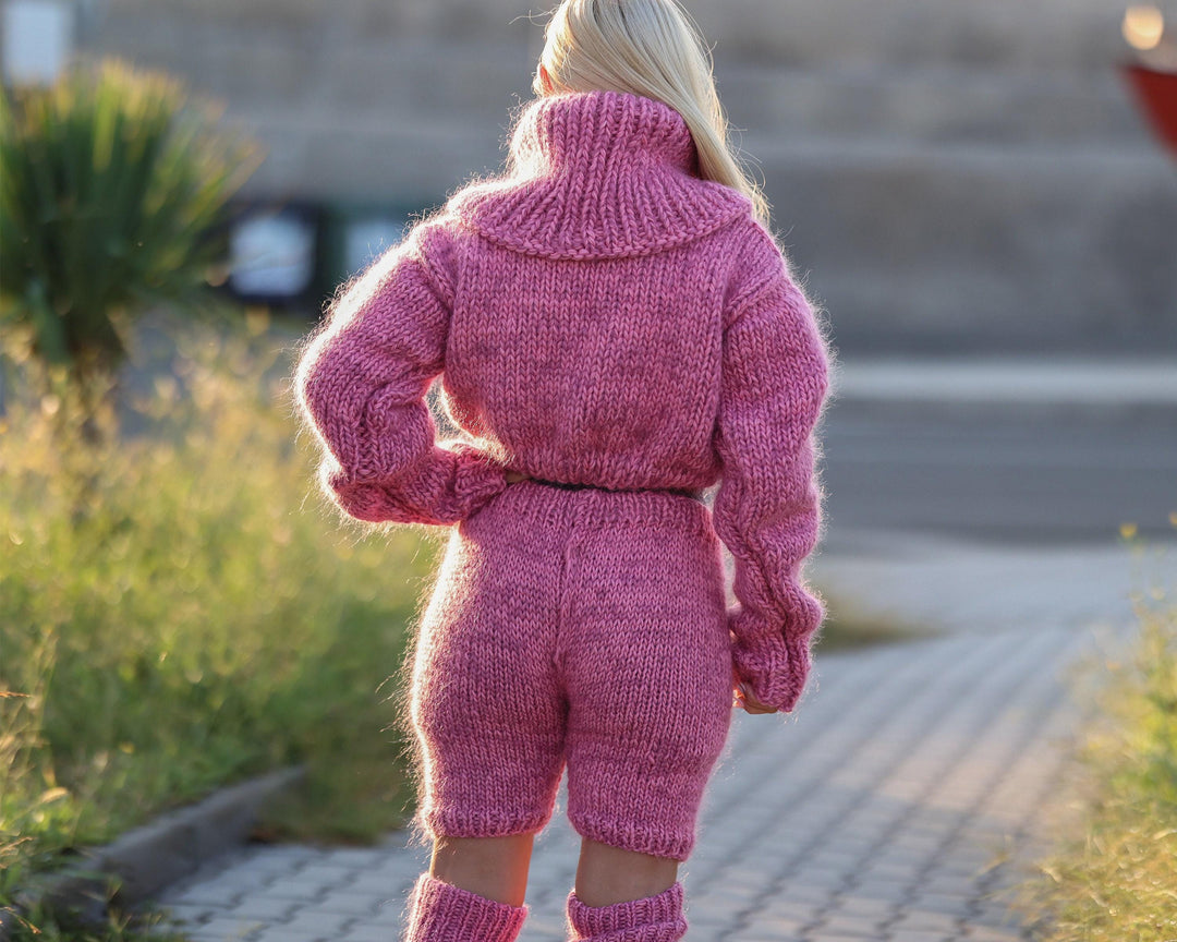 Cropped Pink Mohair Wool Sweater with Wide Neck, Hand Knitted Short Pullover T1483