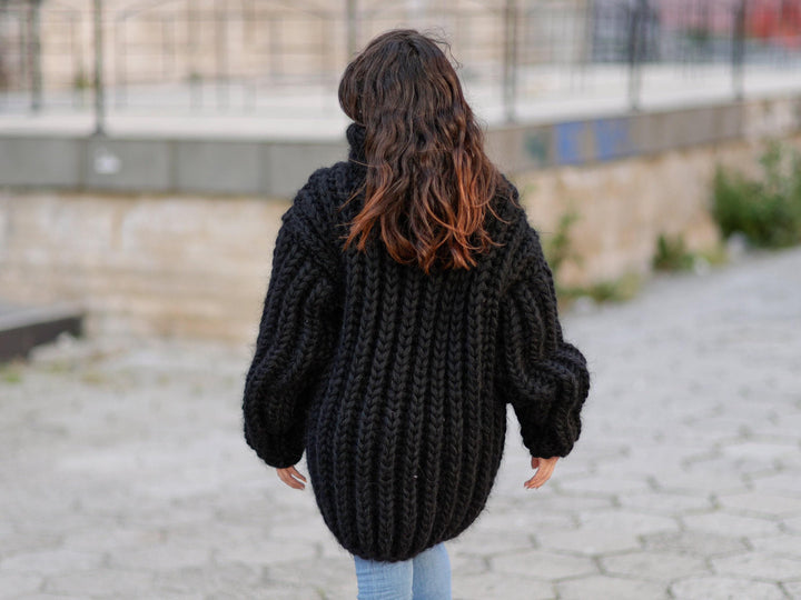 Chunky Black Mohair Wool Sweater, Hand Knitted 8-Strand Pullover T1058