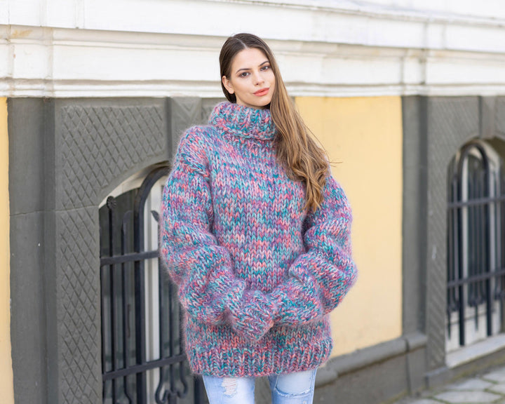 Blue Mohair Wool Sweater, Hand Knitted Thick Turtleneck Pullover T673M