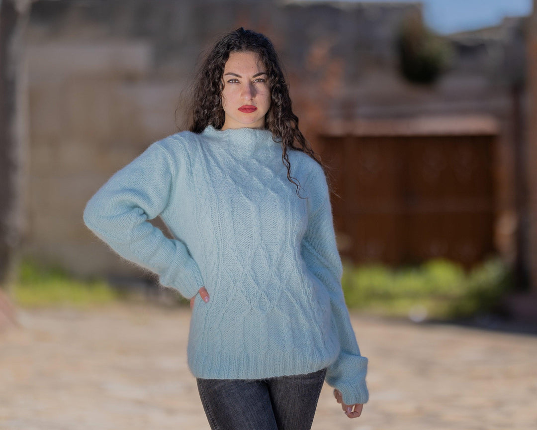 Baby Blue Angora Sweater, Hand Knitted 100% Rabbit Fluffy Pullover T1434