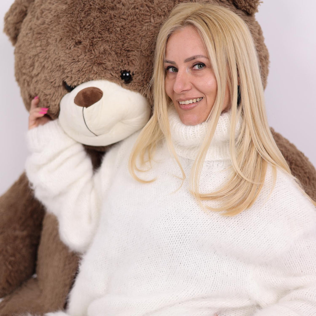 White Angora Sweater, Hand Knitted Fuzzy Oversized Turtleneck Pullover T1821