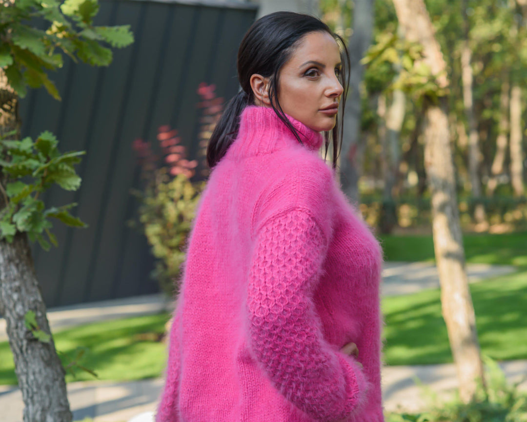 Pink Angora Sweater, Hand Knitted Extra Soft Feminine Pullover T856