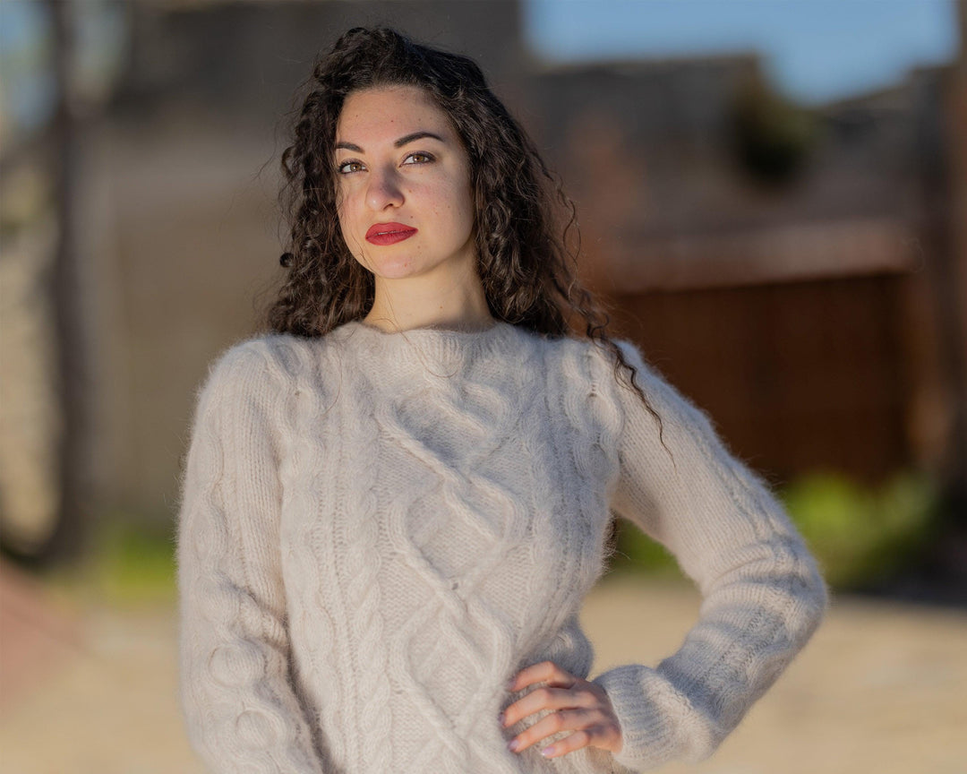 Beige Italian Angora Sweater, Hand Knitted Fluffy Cable Pullover T1433