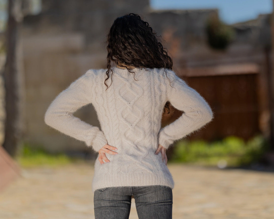 Beige Italian Angora Sweater, Hand Knitted Fluffy Cable Pullover T1433