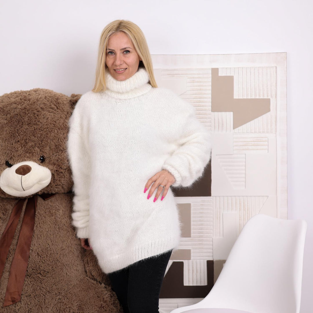 White Angora Sweater, Hand Knitted Fuzzy Oversized Turtleneck Pullover T1821