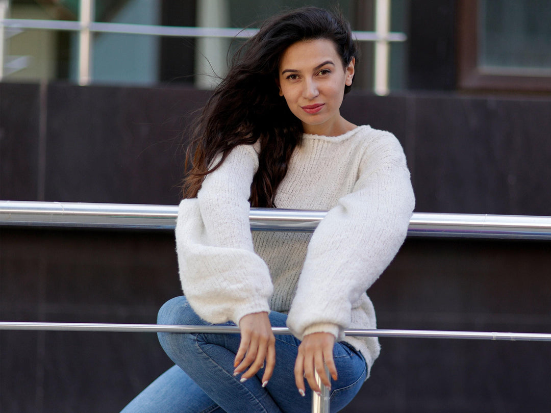 Fluffy Italian Bio Cotton Sweater, Hand Knitted Lightweight Summer Top T1066