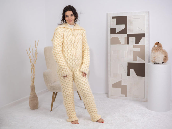 One available in Size XL, Cream Mohair Catsuit, Cables Mohair Overall, Knit Romper T1684