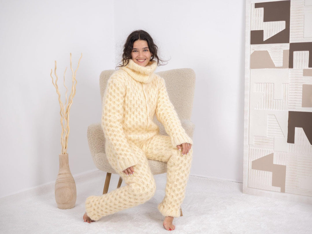 One available in Size XL, Cream Mohair Catsuit, Cables Mohair Overall, Knit Romper T1684