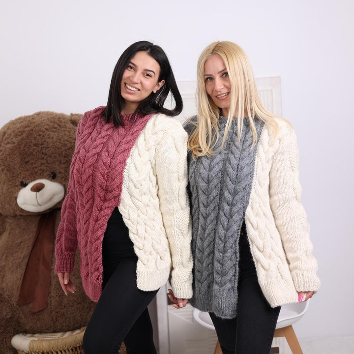 One available in size 2XL, Asymmetrical Alpaca Sweater with cables T1837