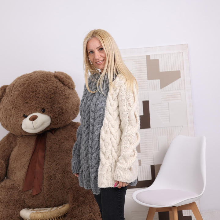 One available in size 2XL, Asymmetrical Alpaca Sweater with cables T1837
