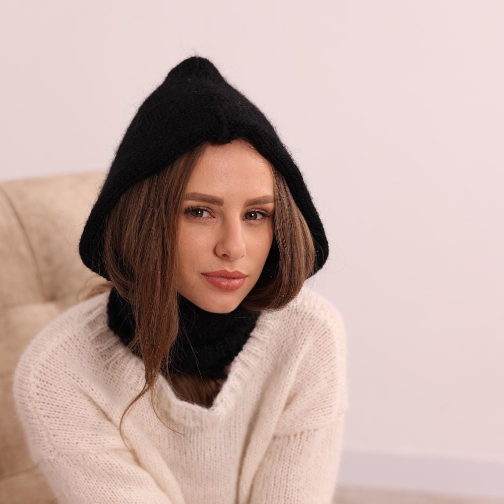 One available Black Mohair Balaclava Hat, Hand Knitted Soft Winter Ski Mask, Hood T2024