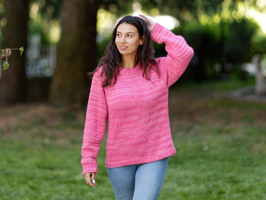 One available in size L , Pink 100 % Cotton hand knitted sweater T1067