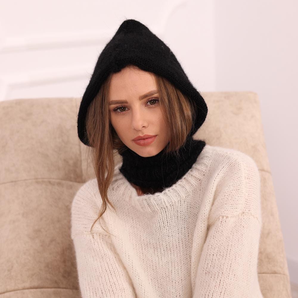 One available Black Mohair Balaclava Hat, Hand Knitted Soft Winter Ski Mask, Hood T2024