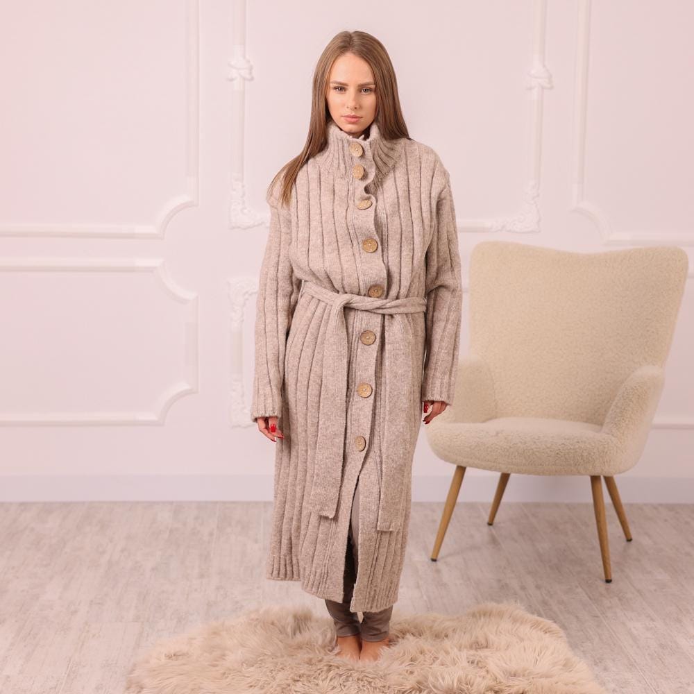 One available sweater in size XL, Alpaca Long Cardigan with Belt – Knit Coat T2000